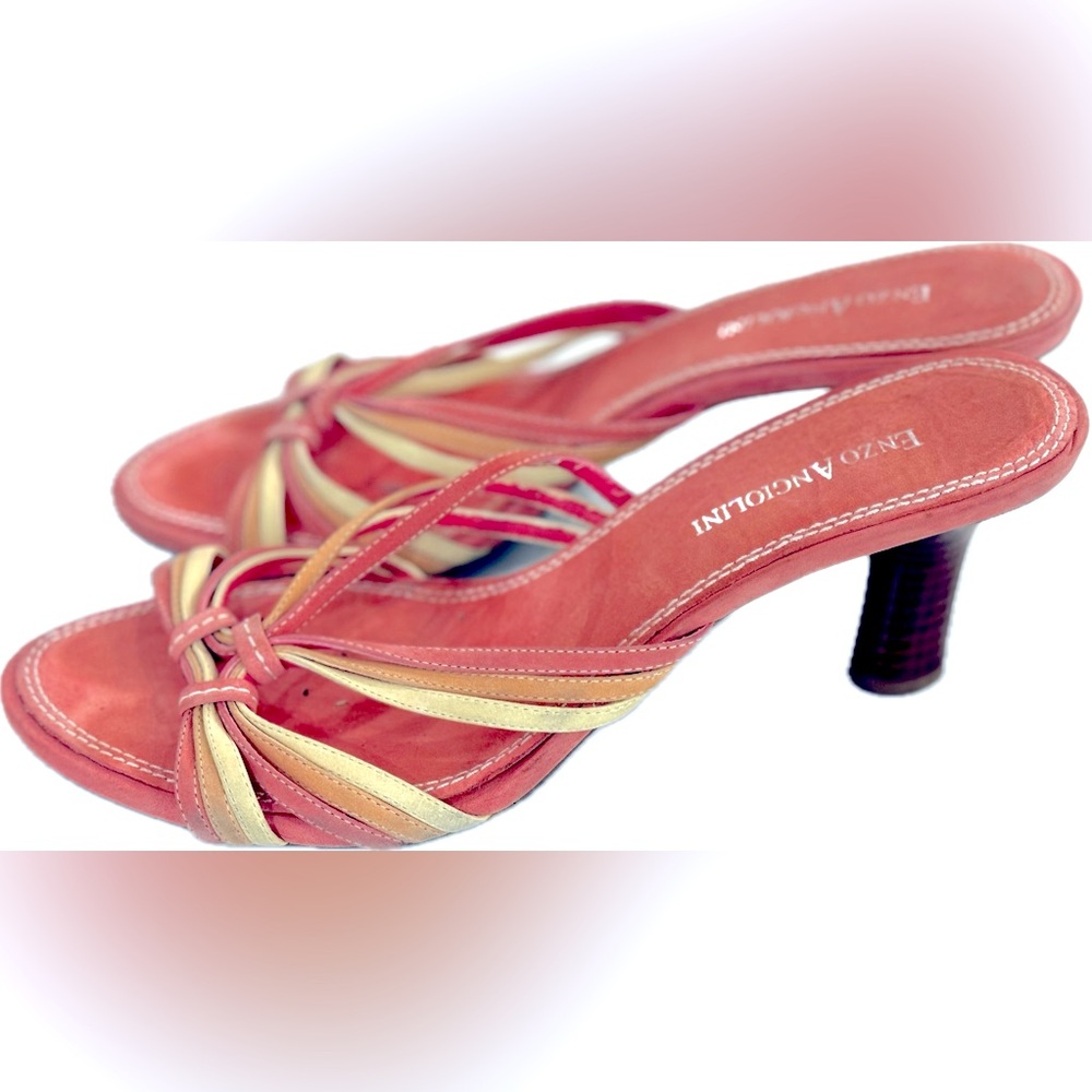 Enzo Angiolini suede leather strappy coral and lime sandals heels 8M